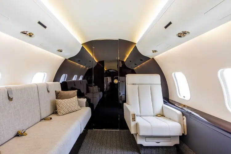 Divan and armchair in the aft cabin of a Bombardier Global