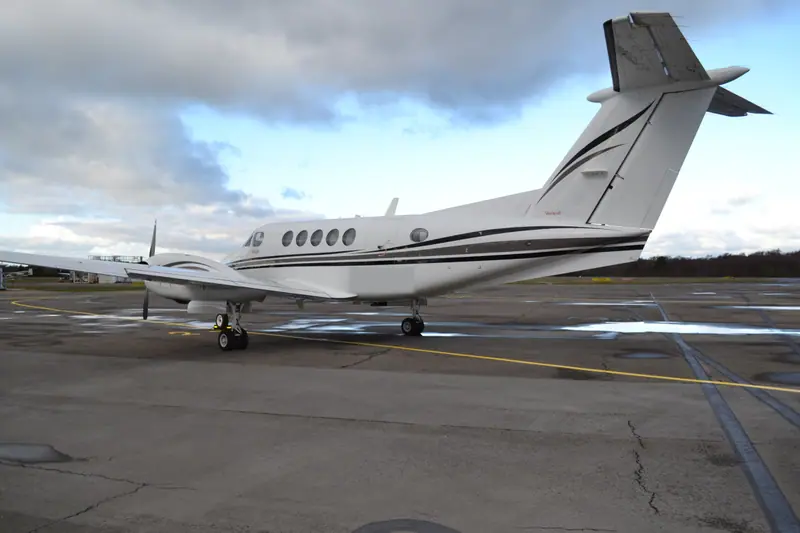 Beechcraft King Air B200 seen from behind, showing its T-tail