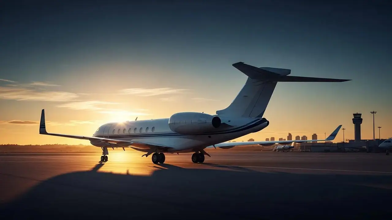 Private jet silhouetted against the sunset at an airport