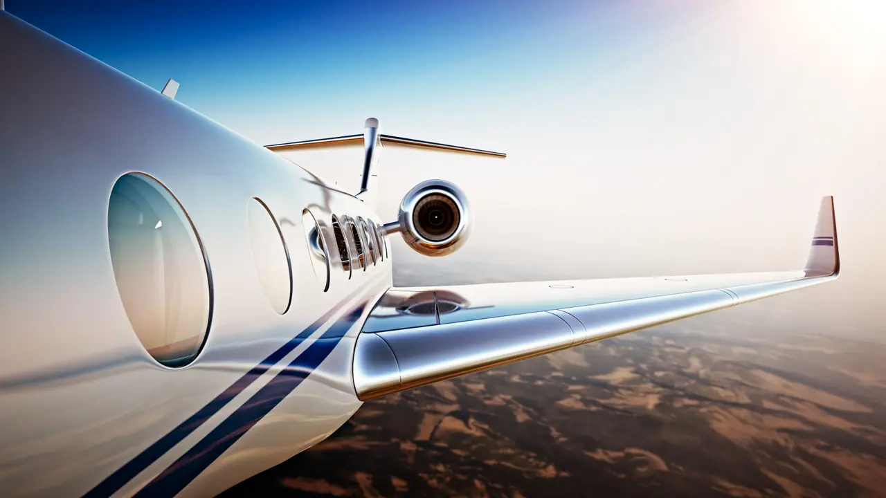 Close view along the fuselage of a private jet in flight, to its wing and engine
